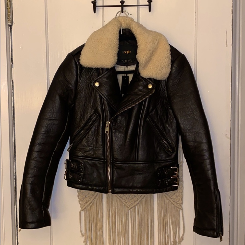 NWT Maje 36 XS Brown Leather Sherling Moto Jacket